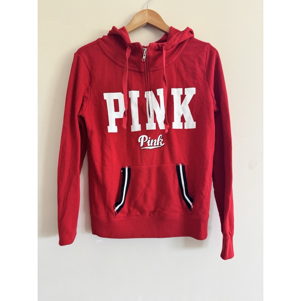VS Victorias Secret Pink Pullover Quarter Zip Red Hoodie 2000s Y2K Small